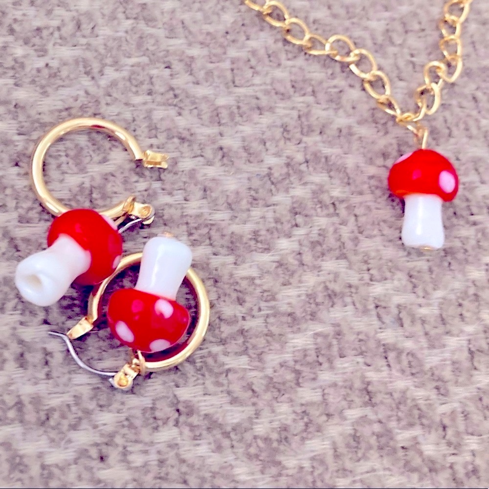 Red and White Mushroom Kids Earring and Bracelet Set